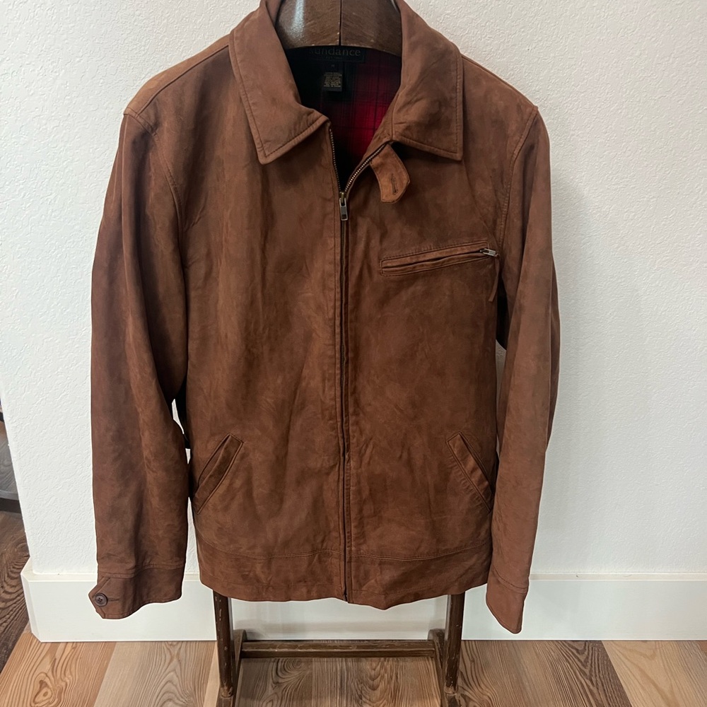 Sundance men’s Medium Leather Jacket Zip Brown Long Sleeve